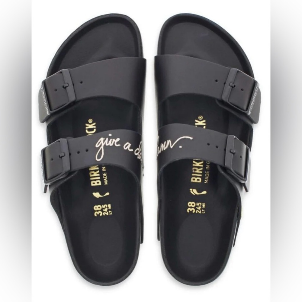 NWT Women’s Sz. 35 (5) Lingua Franca & Birkenstock "give a damn" Arizona Sandal